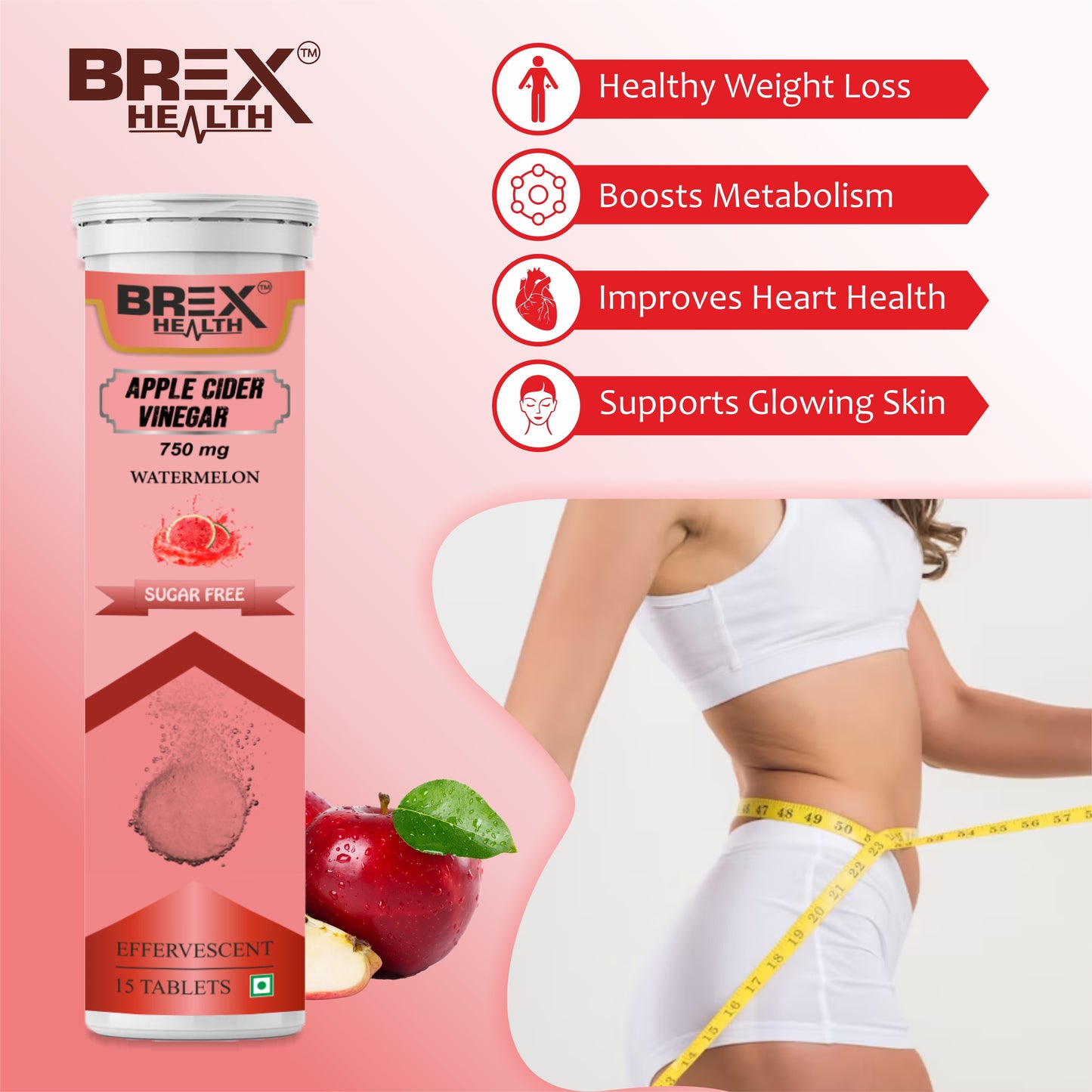 Brexhealth Apple Cider Vinegar with Vitamin B6 & B12, Easy to carry & consume, No added Sugar - (Pack of 1, 15 Tablets)