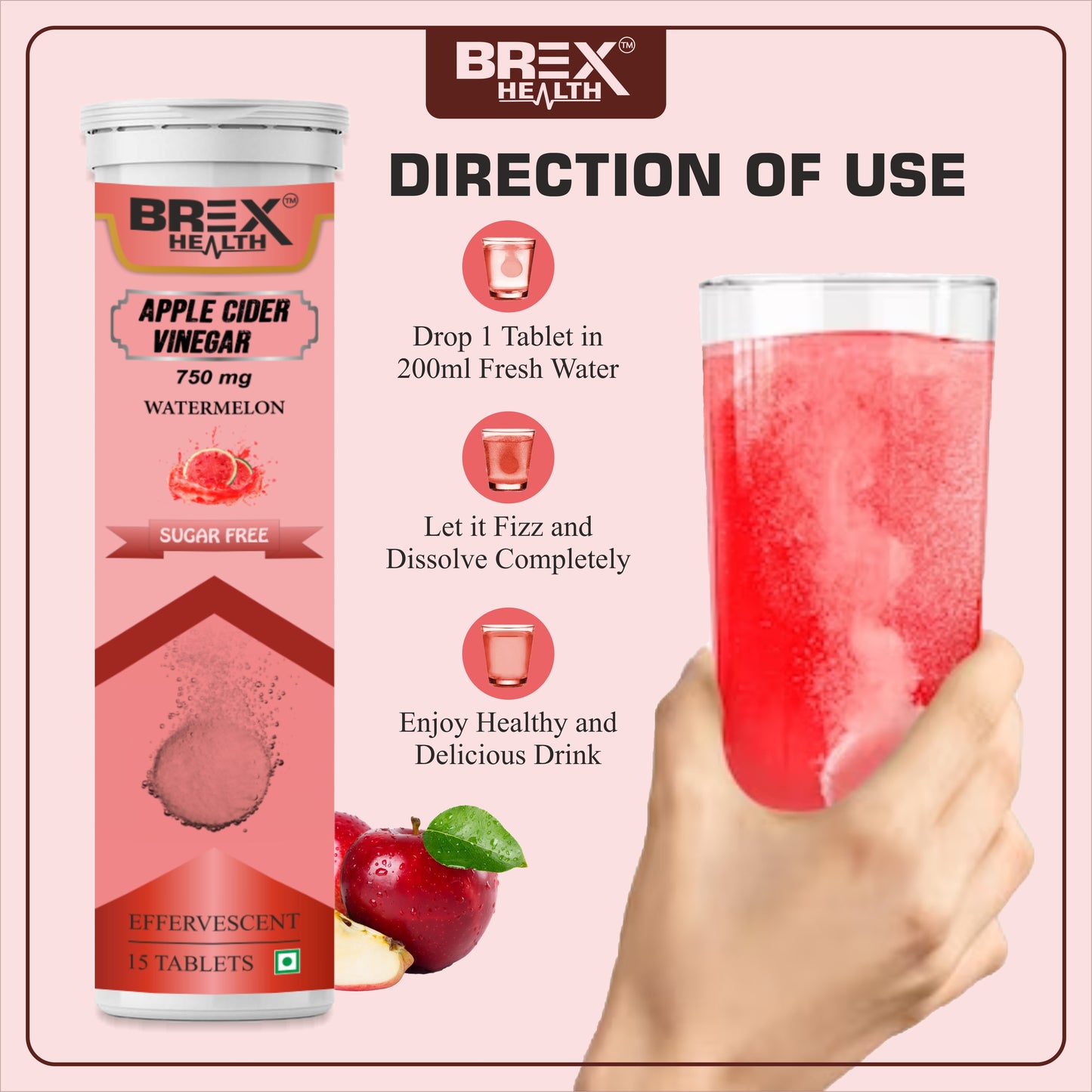 Brexhealth Apple Cider Vinegar with Vitamin B6 & B12, Easy to carry & consume, No added Sugar - (Pack of 1, 15 Tablets)