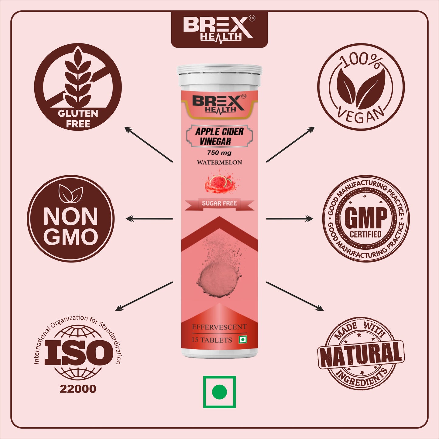 Brexhealth Apple Cider Vinegar with Vitamin B6 & B12, Easy to carry & consume, No added Sugar - (Pack of 1, 15 Tablets)