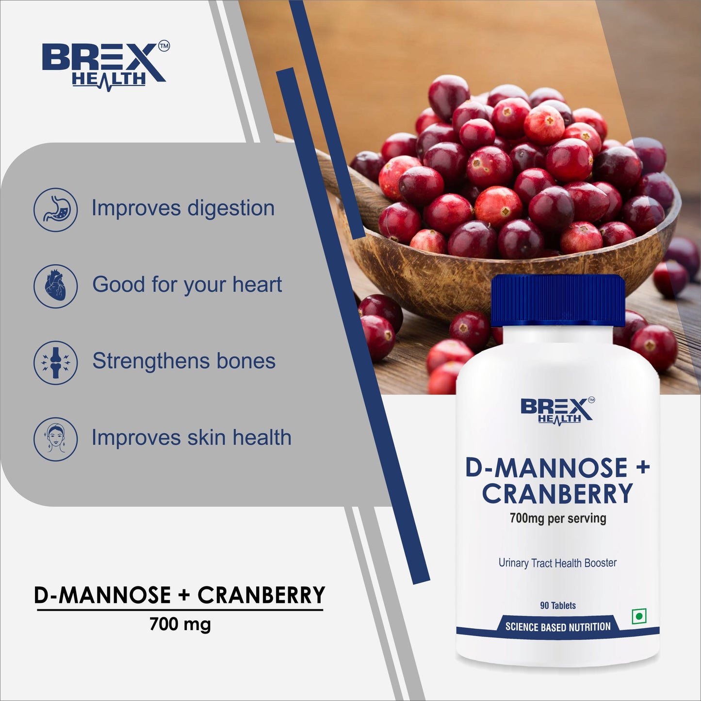 Brexhealth D-MANNOSE + CRANBERRY |For UTI Supplements | Antioxidant Rich Supplement for Kidney Health | For Mens And Womens- 90 Tablets