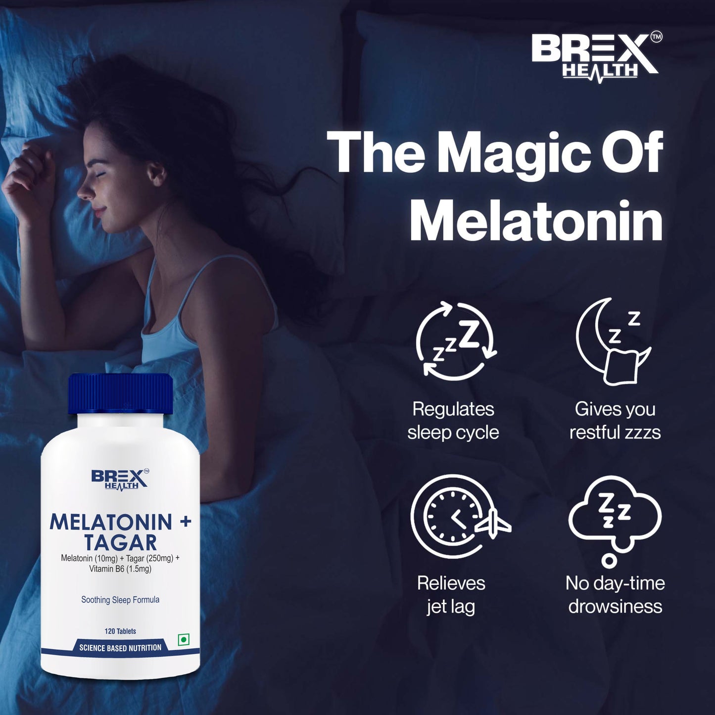 Brexhealth Melatonin 10Mg + Tagar 250Mg Supplement With Vitamin B6 And Calcium | Non-Habit Forming, Restful Sleep, Improved Focus, Relaxed Mind | Good For Eye Health - 120 Vegetarian Tablets
