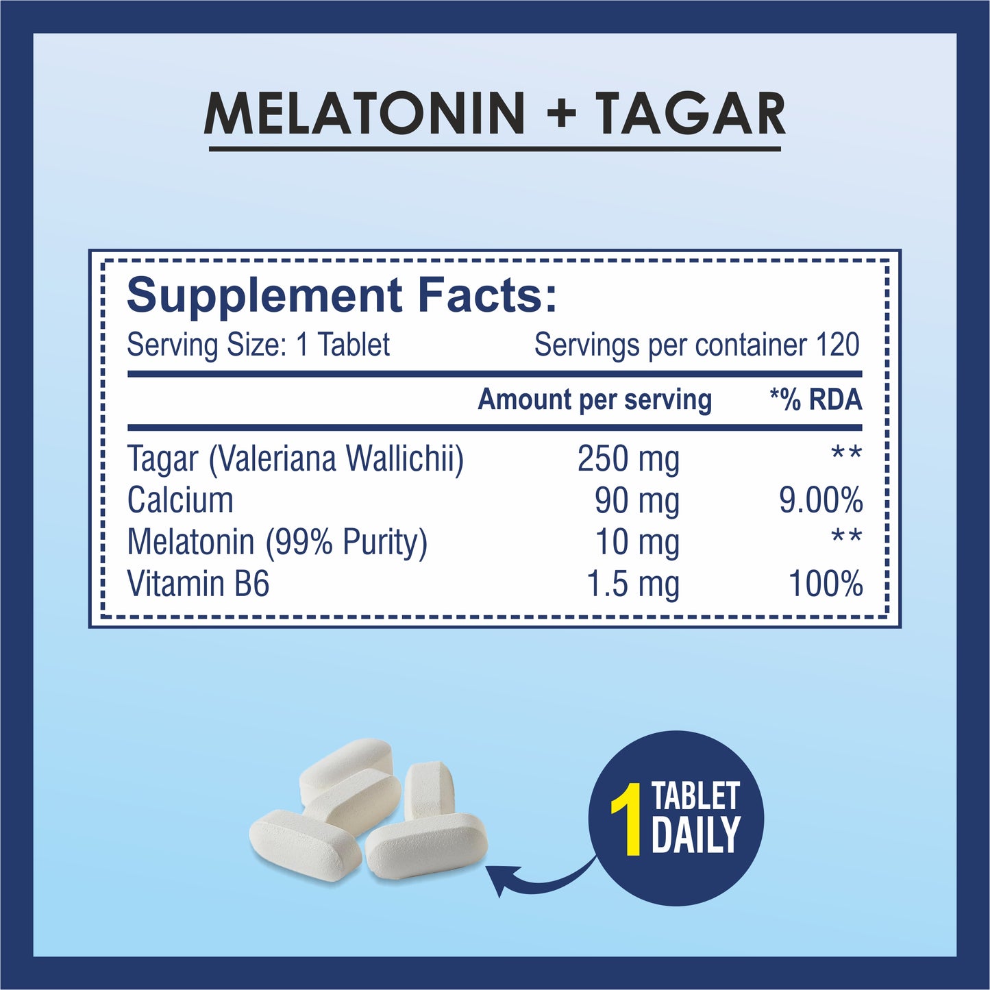 Brexhealth Melatonin 10Mg + Tagar 250Mg Supplement With Vitamin B6 And Calcium | Non-Habit Forming, Restful Sleep, Improved Focus, Relaxed Mind | Good For Eye Health - 120 Vegetarian Tablets