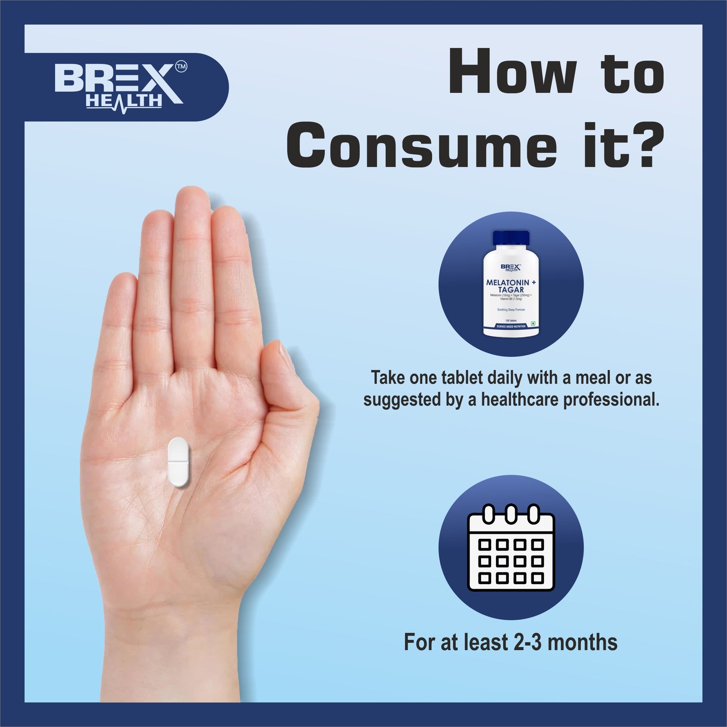 Brexhealth Melatonin 10Mg + Tagar 250Mg Supplement With Vitamin B6 And Calcium | Non-Habit Forming, Restful Sleep, Improved Focus, Relaxed Mind | Good For Eye Health - 120 Vegetarian Tablets