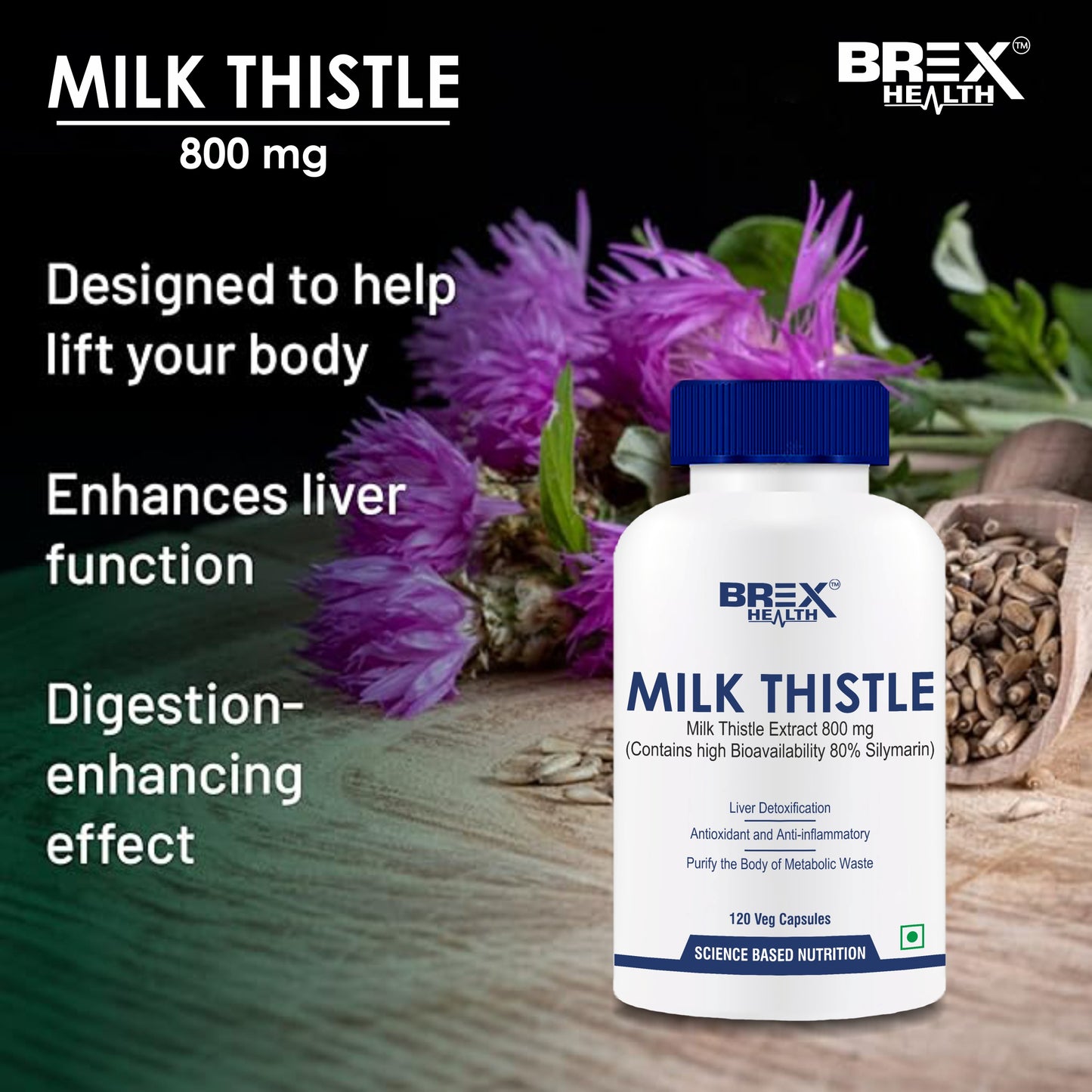 Brexhealth Milk Thistle Extract With 800Mg Of Silybum Marianum Detox Supplement | Healthy Liver | For Men And Women | Helps Boost Metabolism - 120 Veg Capsules