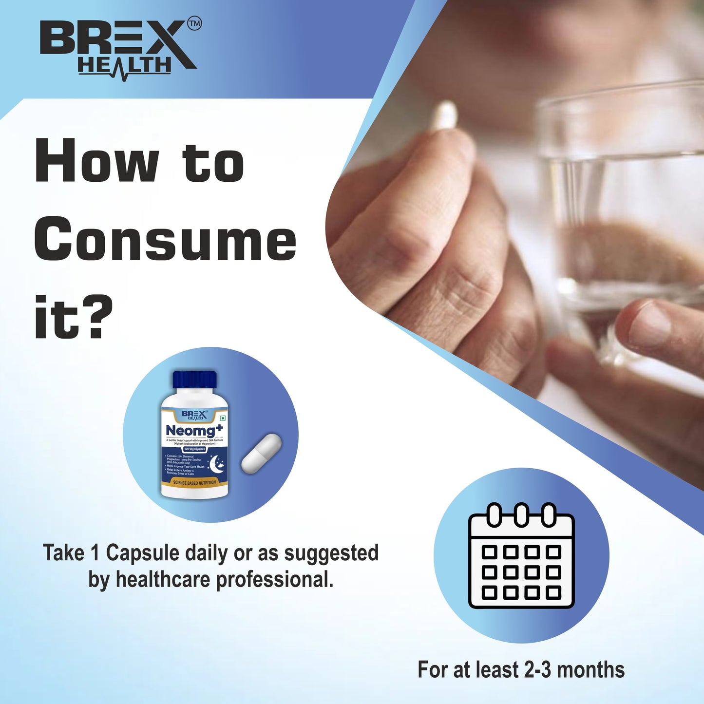 Brexhealth Neomg+ Highest Bioabsorption of Magnesium Glycinate With Zinc, Valerian Root, Vitamin B6 & D3-120 Veg Capsules