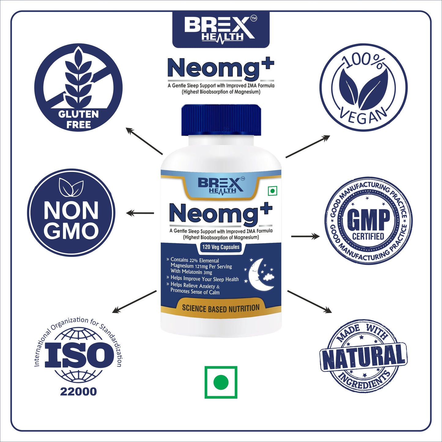 Brexhealth Neomg+ Highest Bioabsorption of Magnesium Glycinate With Zinc, Valerian Root, Vitamin B6 & D3-120 Veg Capsules