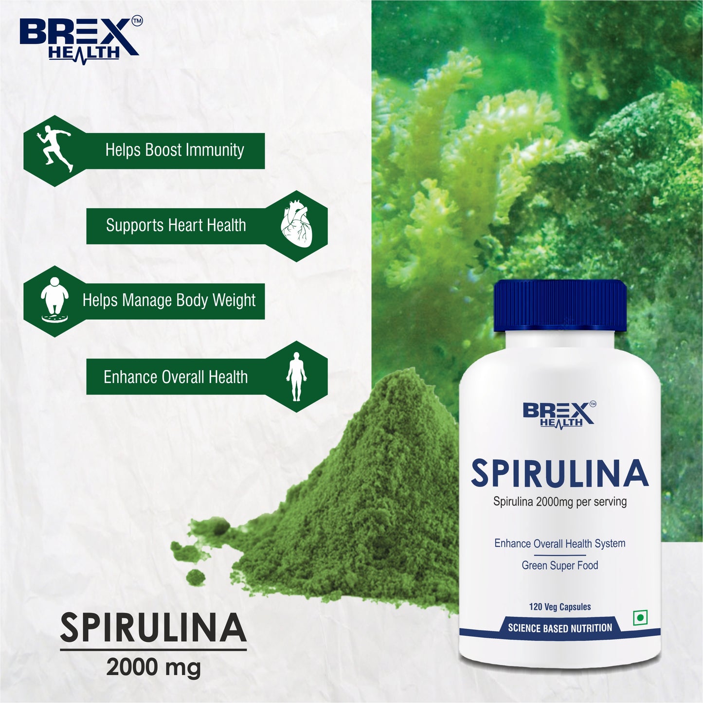 Brexhealth Spirulina 2000mg | GreenSuper Food For Weight Management & Immunity Booster | Supports Healthy Heart | For Men & Women - 120 Vegetarian Capsules