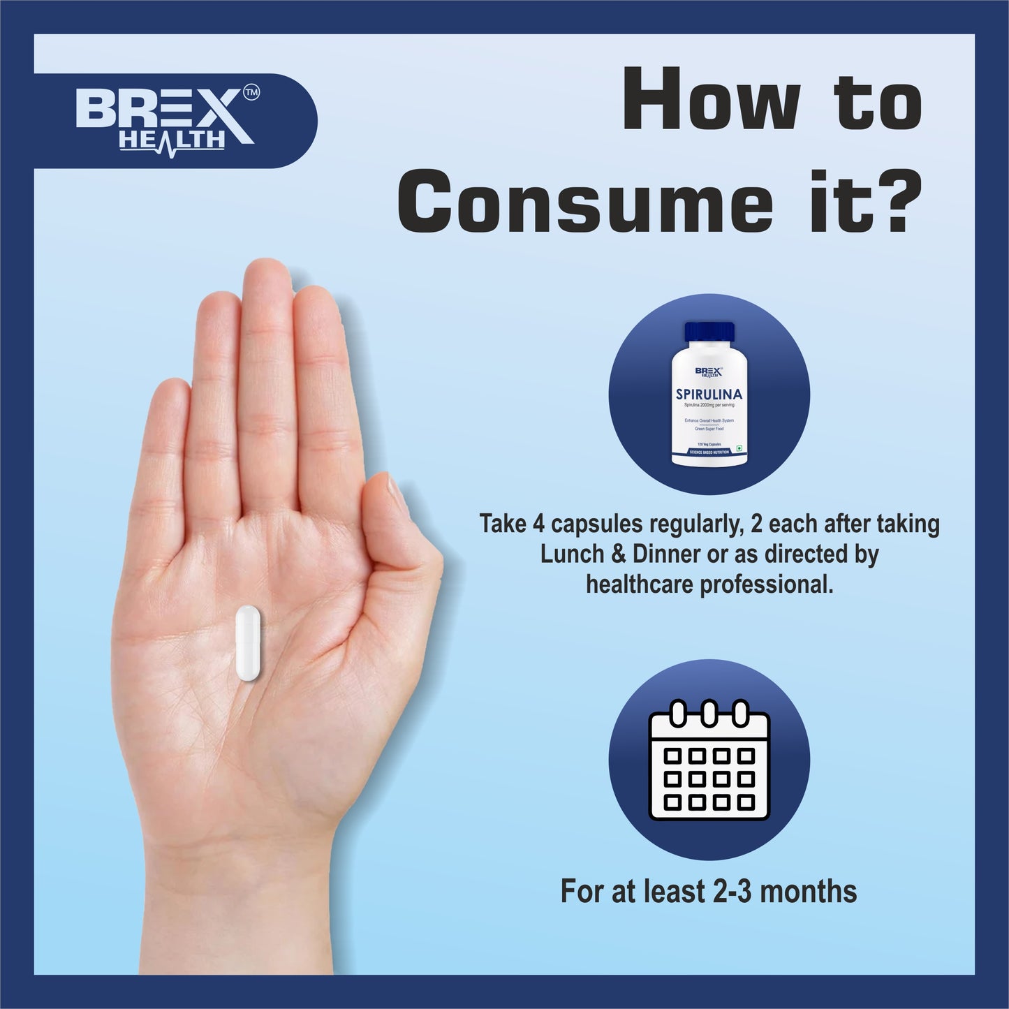 Brexhealth Spirulina 2000mg | GreenSuper Food For Weight Management & Immunity Booster | Supports Healthy Heart | For Men & Women - 120 Vegetarian Capsules