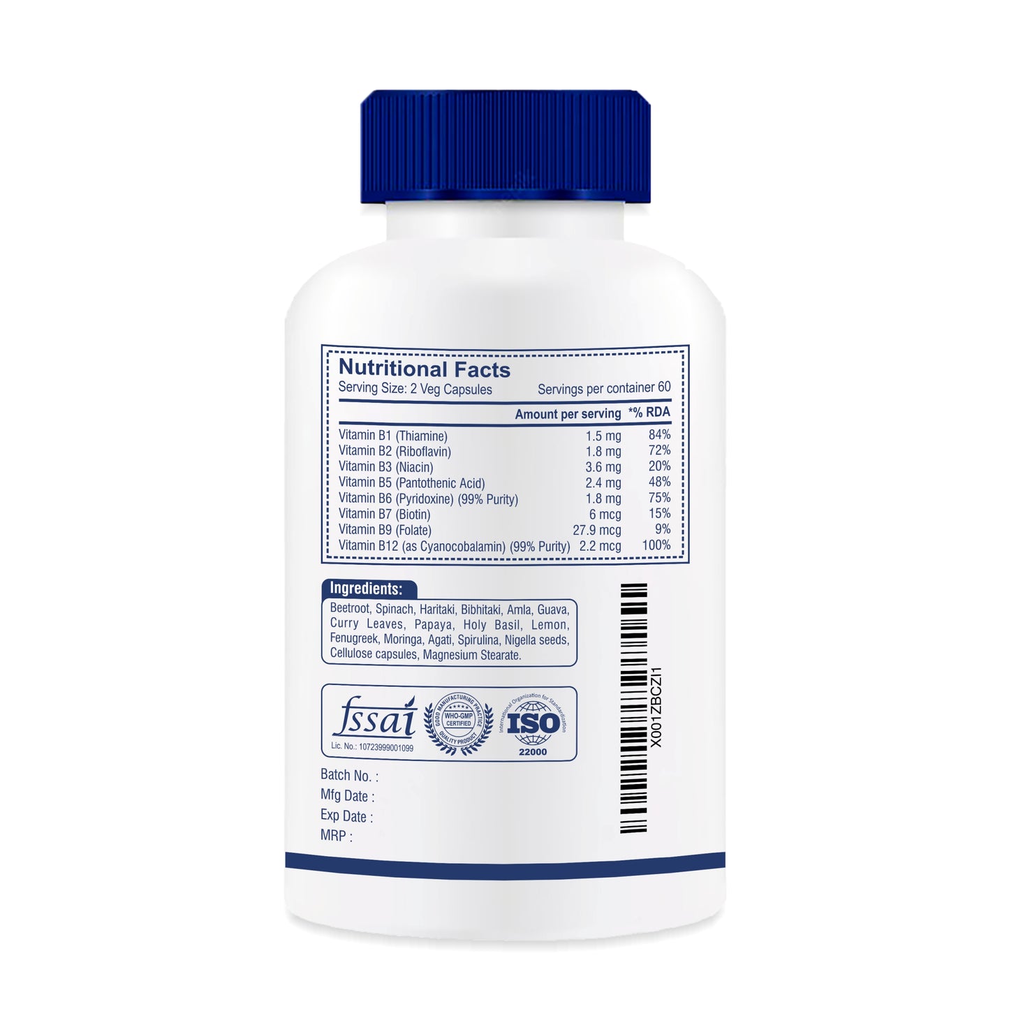 Brexhealth Plant Based Vitamin B12 Supplement | With B1, B2, B3, B5, B6, B7, B9, Moringa | For Digestion And Nerve Health | Hair & Skin Health | For Men & Women - 120 Vegetarian Capsules