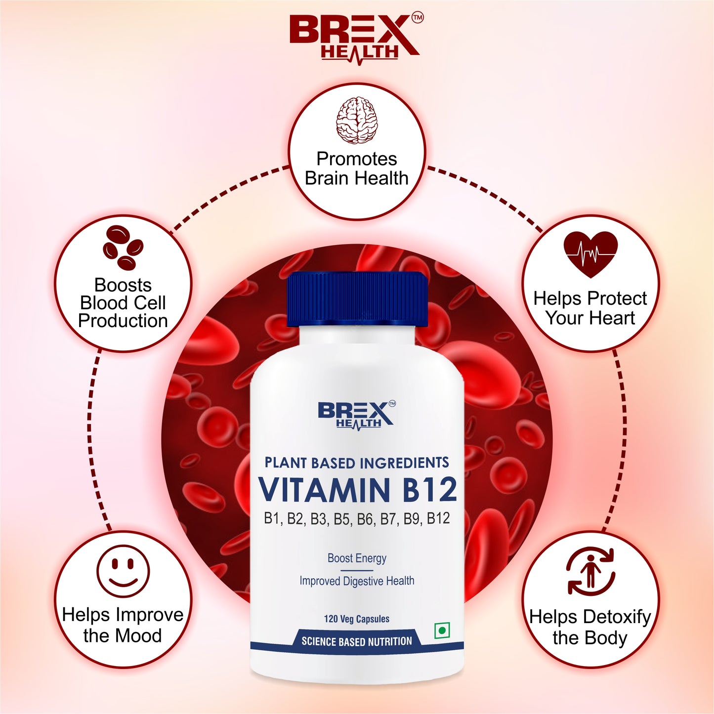 Brexhealth Plant Based Vitamin B12 Supplement | With B1, B2, B3, B5, B6, B7, B9, Moringa | For Digestion And Nerve Health | Hair & Skin Health | For Men & Women - 120 Vegetarian Capsules