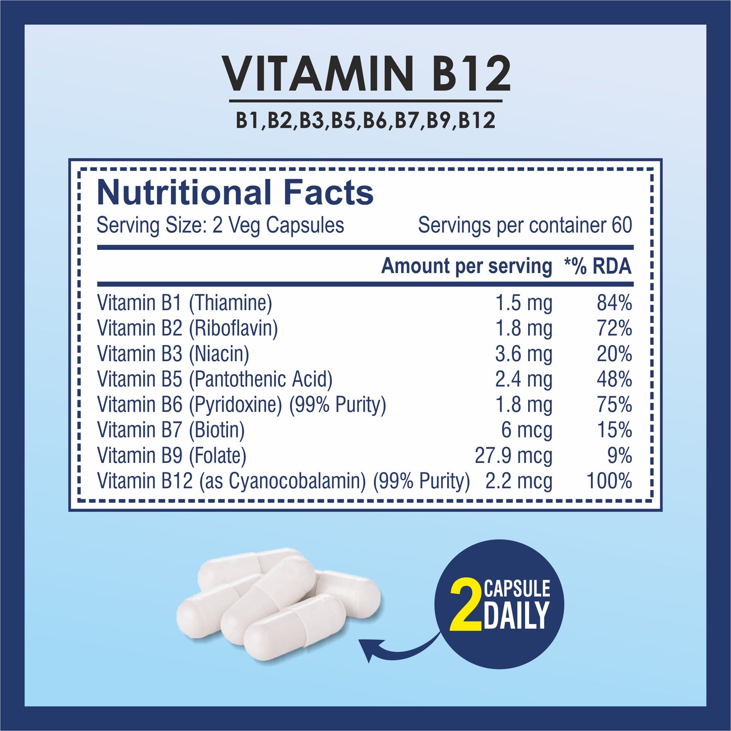 Brexhealth Plant Based Vitamin B12 Supplement | With B1, B2, B3, B5, B6, B7, B9, Moringa | For Digestion And Nerve Health | Hair & Skin Health | For Men & Women - 120 Vegetarian Capsules