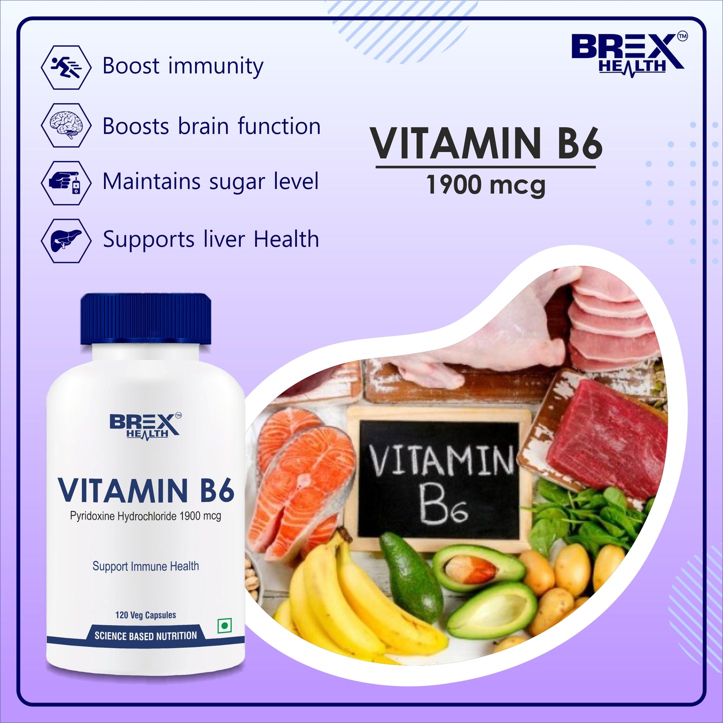 Brexhealth Vitamin B6 (Pyridoxine Hydrochloride) | Supports Immune Health - 120 Veg Capsules