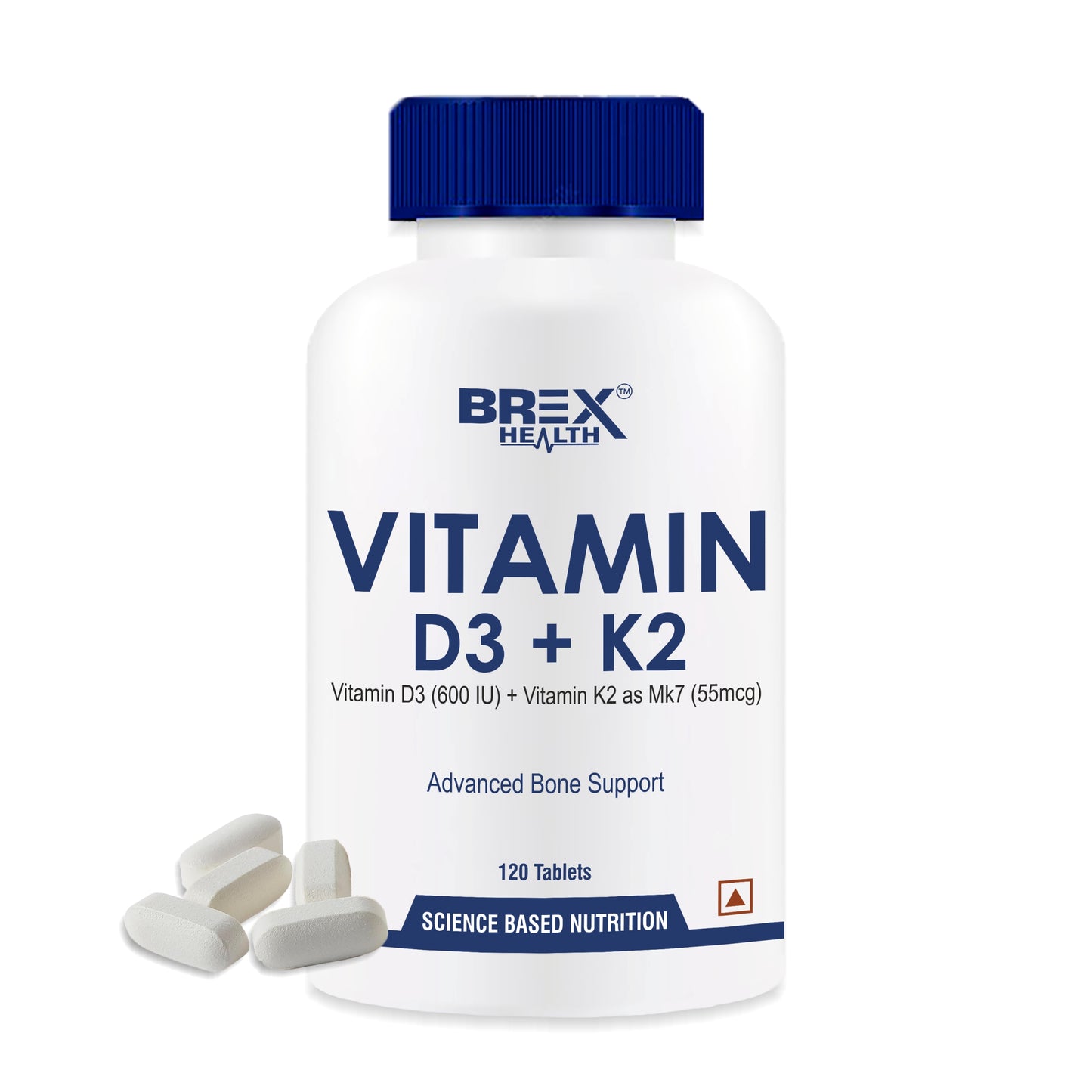 Brexhealth Vitamin D3 600 IU + Vitamin K2 as MK7 Supplement | For Stronger Bone Health | Supports Heart Health | Healthy Immunity | For Men & Women - 120 Tablets