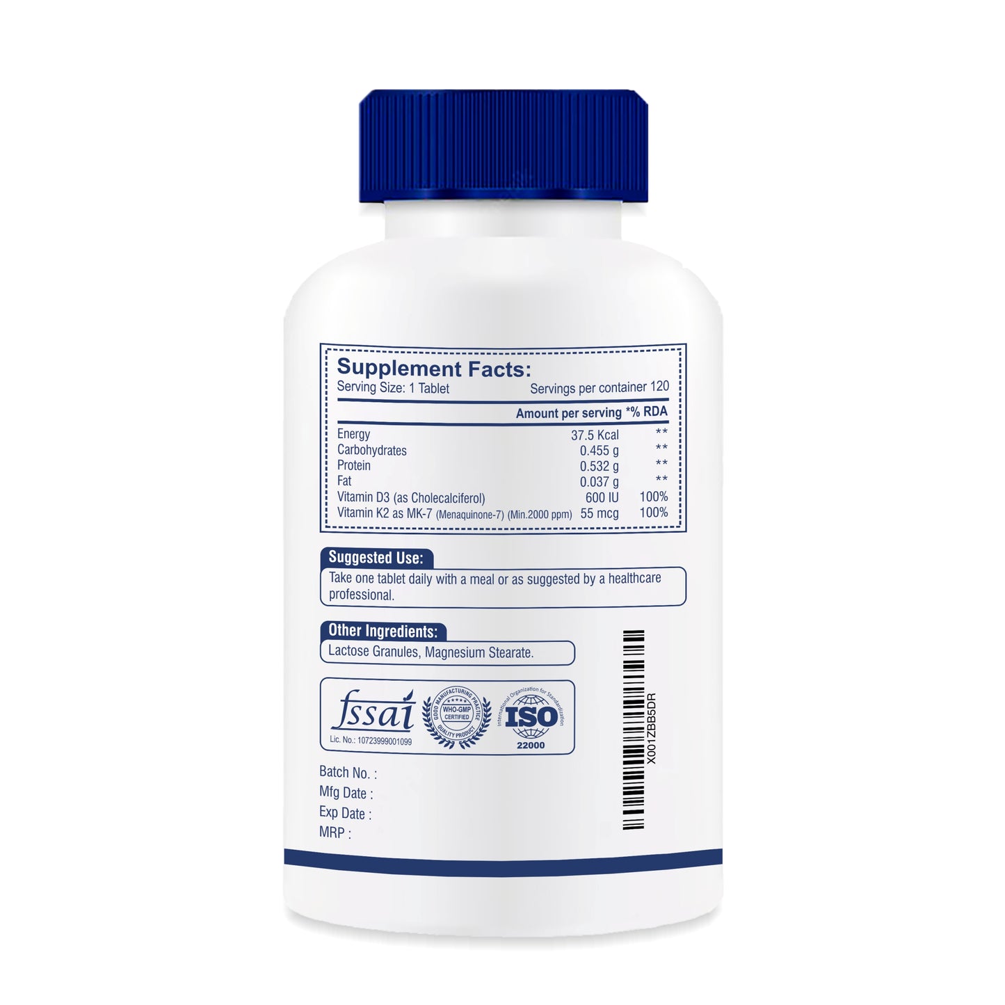 Brexhealth Vitamin D3 600 IU + Vitamin K2 as MK7 Supplement | For Stronger Bone Health | Supports Heart Health | Healthy Immunity | For Men & Women - 120 Tablets