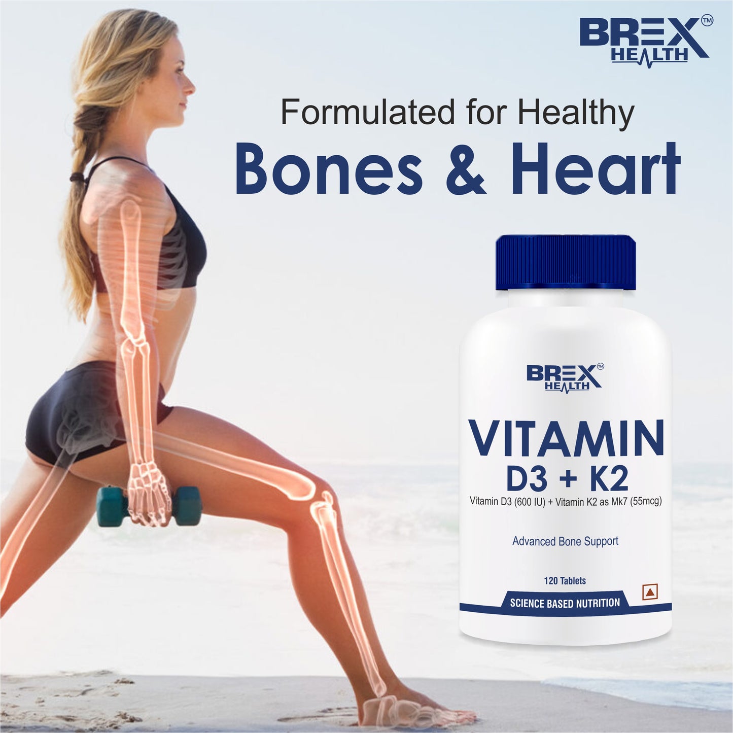 Brexhealth Vitamin D3 600 IU + Vitamin K2 as MK7 Supplement | For Stronger Bone Health | Supports Heart Health | Healthy Immunity | For Men & Women - 120 Tablets