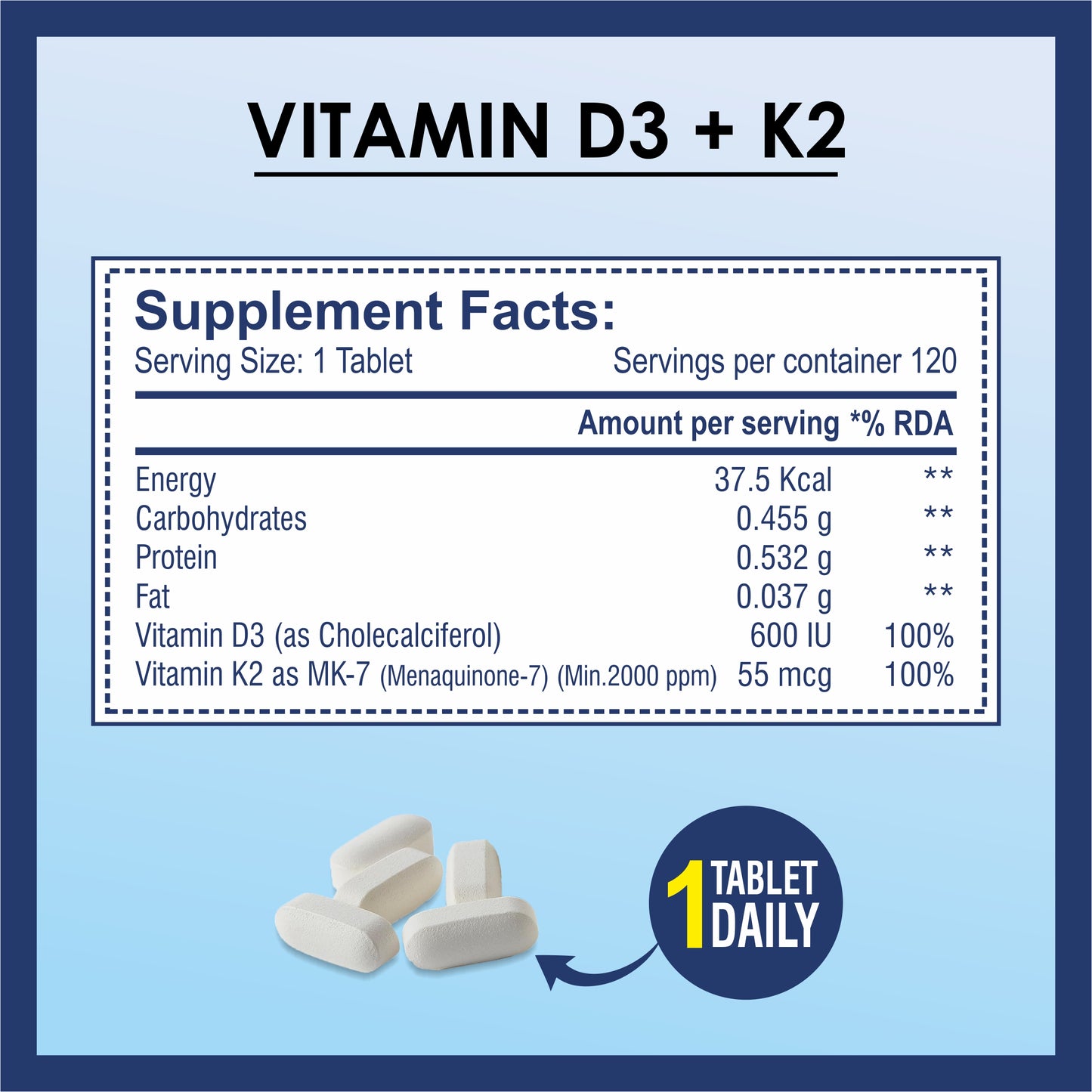 Brexhealth Vitamin D3 600 IU + Vitamin K2 as MK7 Supplement | For Stronger Bone Health | Supports Heart Health | Healthy Immunity | For Men & Women - 120 Tablets