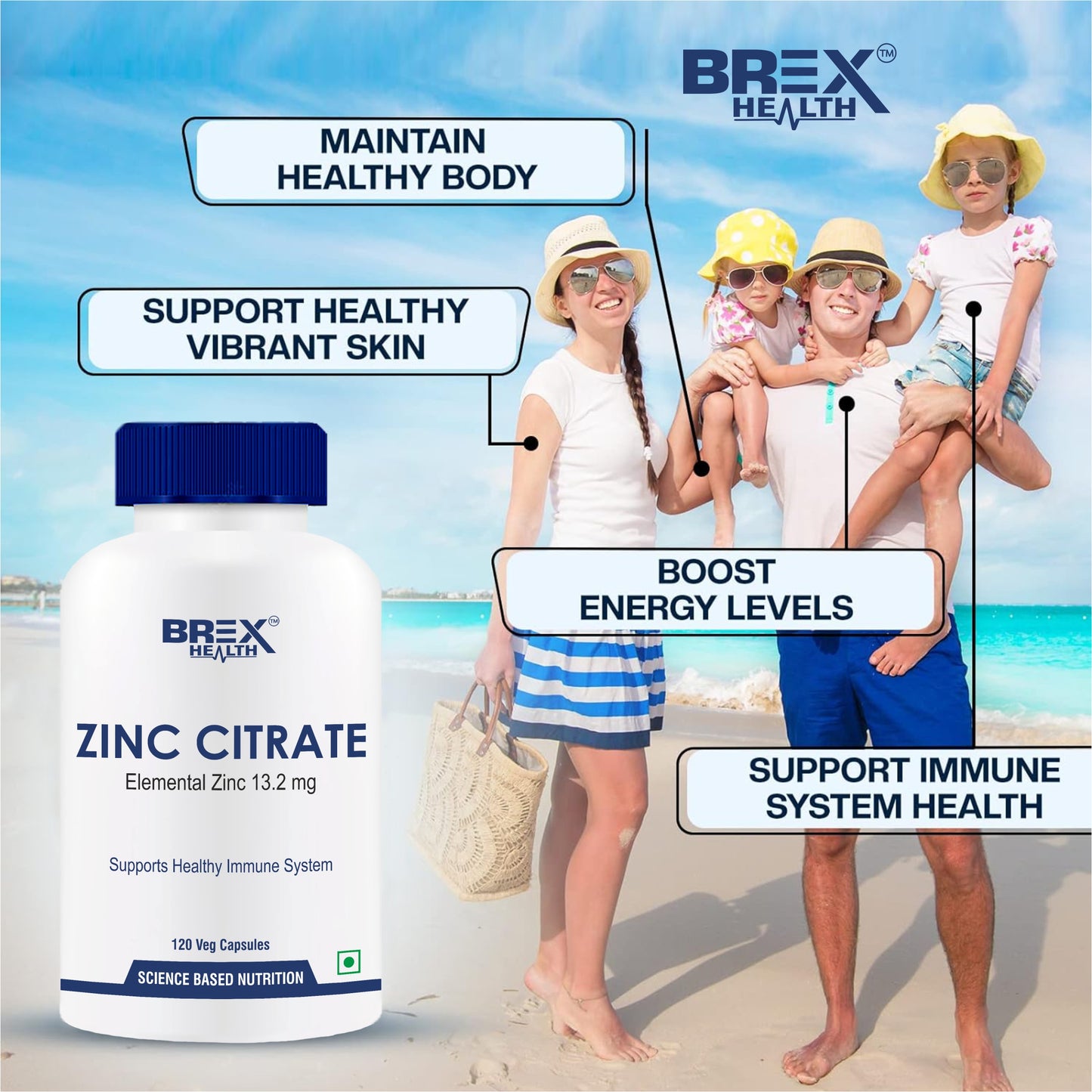 Brexhealth Zinc Citrate Supplements | Supports Healthy Immune System - 120 Veg Capsules