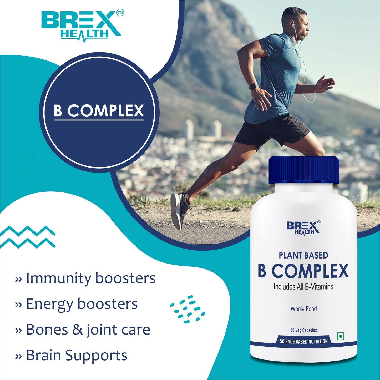 Brexhealth Plant Based Vitamin B Complex with B1, B2, B3, B5, B6, B9 & B12 | 100% RDA | Hair Growth, Boost Energy And Immunity - 60 Vegetarian Capsules