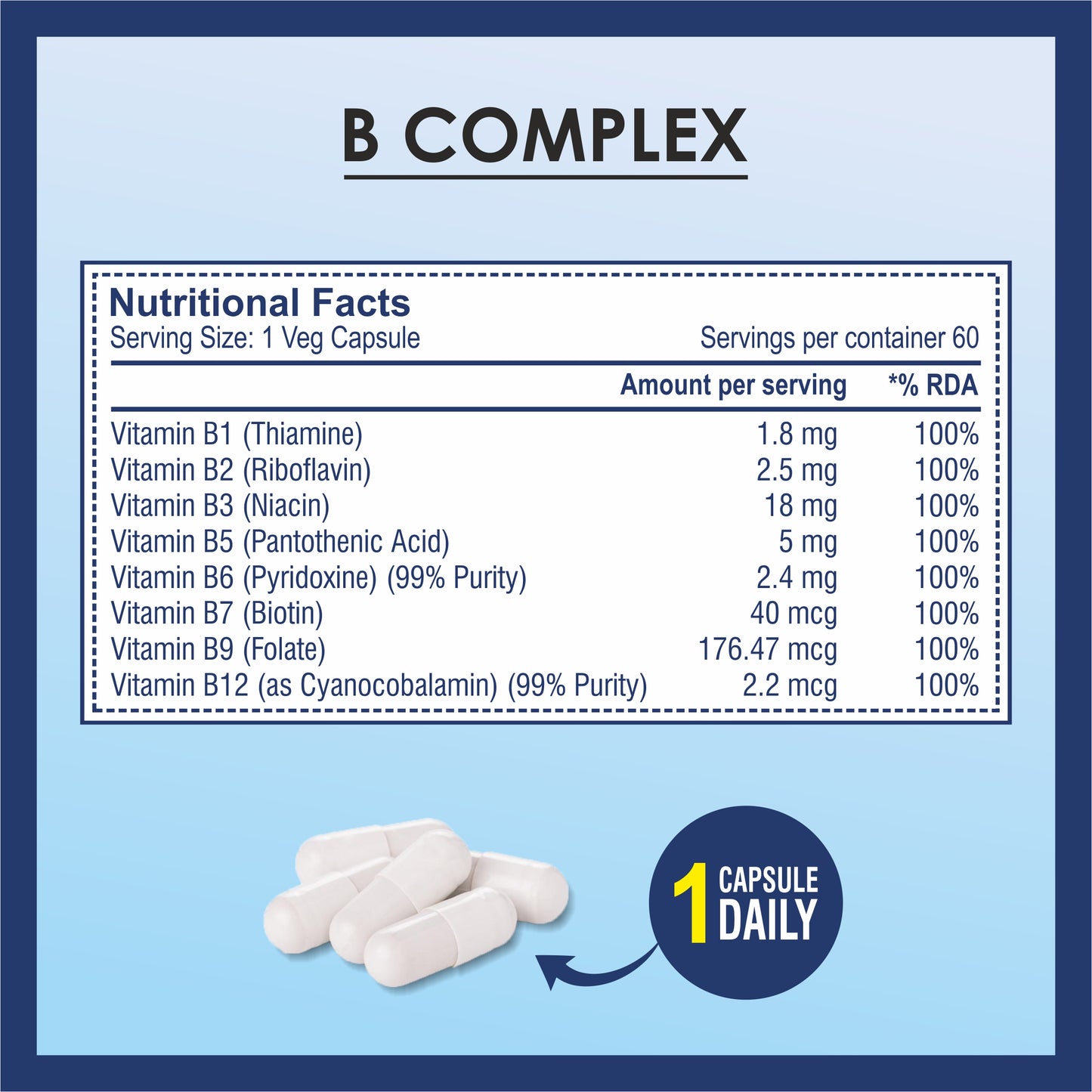 Brexhealth Plant Based Vitamin B Complex with B1, B2, B3, B5, B6, B9 & B12 | 100% RDA | Hair Growth, Boost Energy And Immunity - 60 Vegetarian Capsules