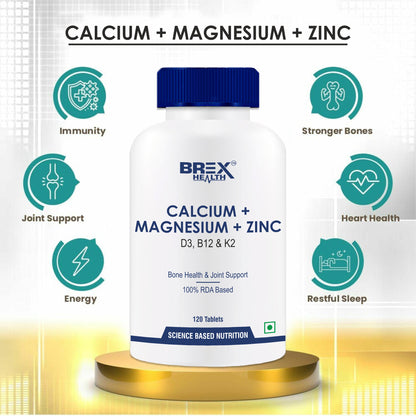 Brexhealth Calcium Magnesium Zinc Vitamin D3, B12 & K2 | Supplement For Bone Health & Joint Support | For Women & Men - 120 Vegetarian Tablets