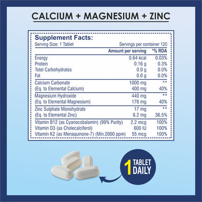 Brexhealth Calcium Magnesium Zinc Vitamin D3, B12 & K2 | Supplement For Bone Health & Joint Support | For Women & Men - 120 Vegetarian Tablets