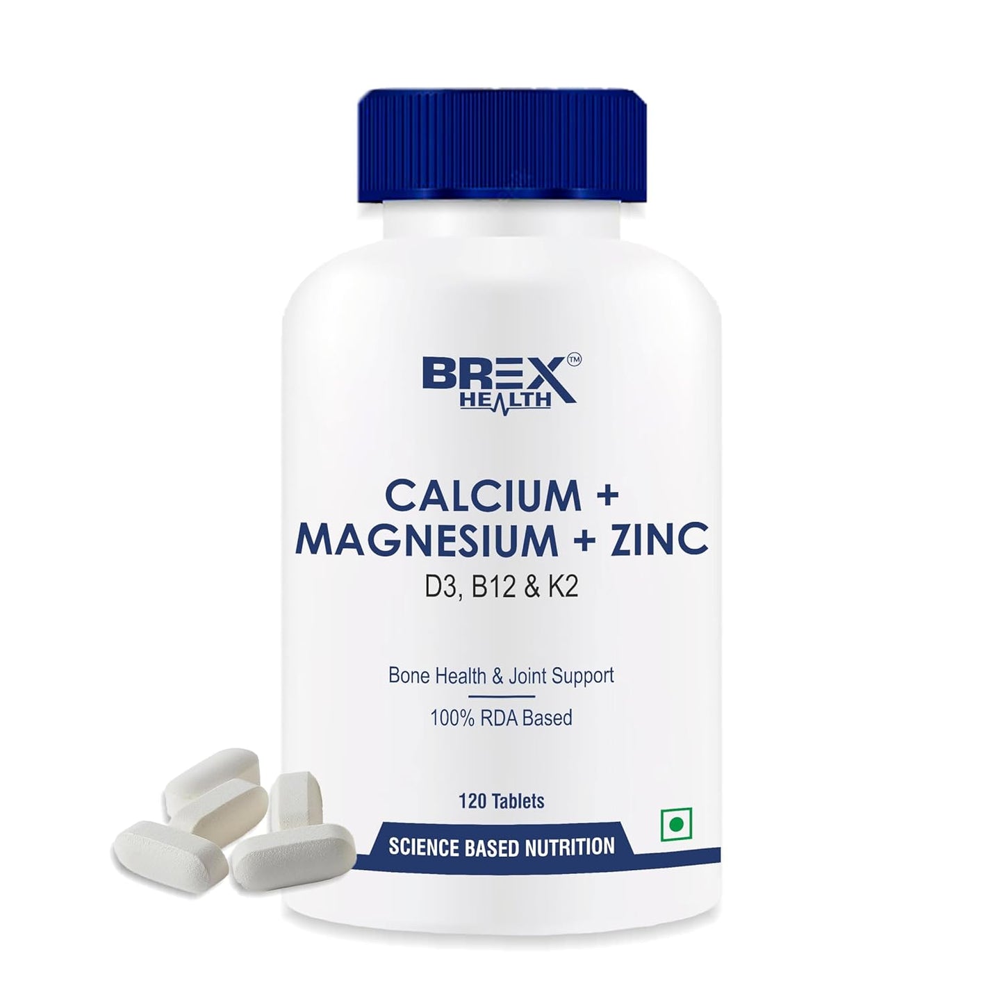 Brexhealth Calcium Magnesium Zinc Vitamin D3, B12 & K2 | Supplement For Bone Health & Joint Support | For Women & Men - 120 Vegetarian Tablets