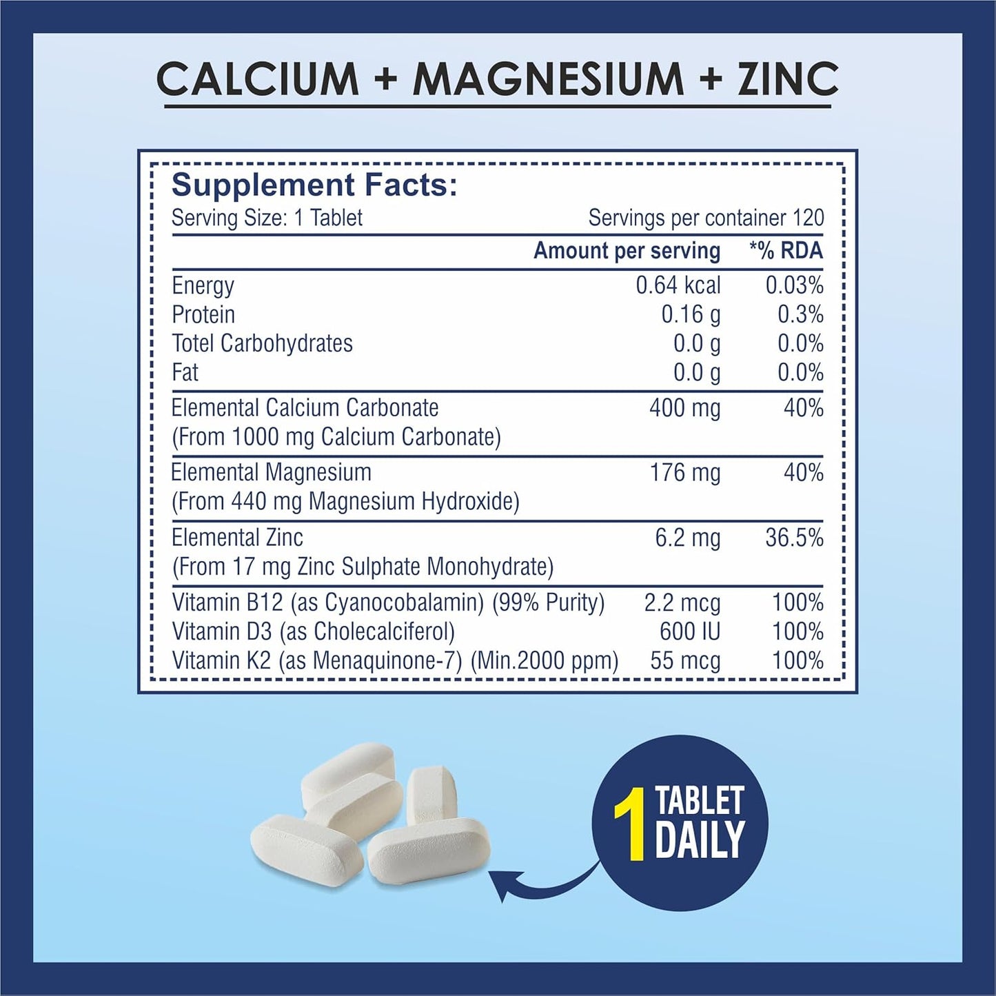 Brexhealth Calcium Magnesium Zinc Vitamin D3, B12 & K2 | Supplement For Bone Health & Joint Support | For Women & Men - 120 Vegetarian Tablets