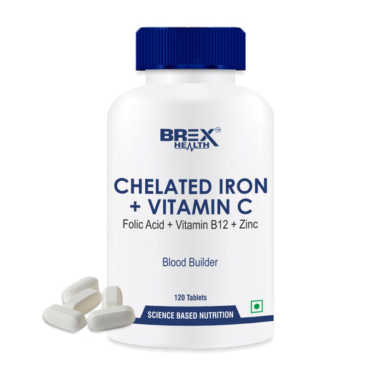 Brexhealth Chelated Iron with Vitamin C,B12,Zinc & Folic Acid | Improves Concentration Level,Energy & Blood Building-120 Vegetarian Tablets