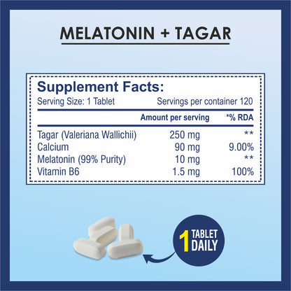 Brexhealth Melatonin 10Mg + Tagar 250Mg Supplement With Vitamin B6 And Calcium | Non-Habit Forming, Restful Sleep, Improved Focus, Relaxed Mind | Good For Eye Health - 120 Vegetarian Tablets