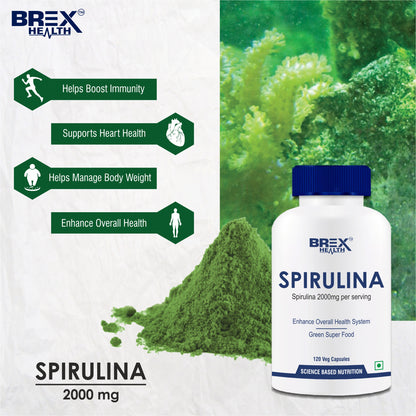 Brexhealth Spirulina 2000mg | GreenSuper Food For Weight Management & Immunity Booster | Supports Healthy Heart | For Men & Women - 120 Vegetarian Capsules